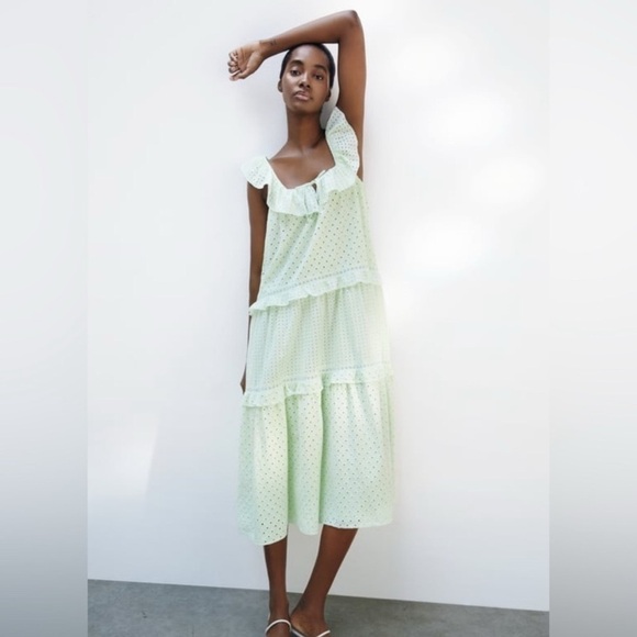 Zara Dresses & Skirts - Zara Cotton Eyelet Mint Green Tiered Midi Dress Ruffles Tie Neck New Size Medium